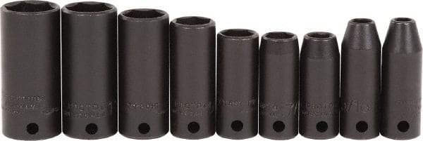 Proto - 9 Piece 3/8" Drive Black Finish Deep Well Impact Socket Set - 6 Points, 1/4" to 3/4" Range, Inch Measurement Standard - USA Tool & Supply