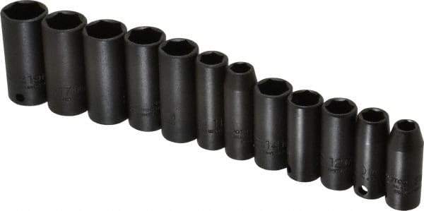 Proto - 12 Piece 3/8" Drive Black Finish Deep Well Impact Socket Set - 6 Points, 8mm to 19mm Range, Metric Measurement Standard - USA Tool & Supply