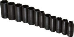 Proto - 12 Piece 3/8" Drive Black Finish Deep Well Impact Socket Set - 6 Points, 8mm to 19mm Range, Metric Measurement Standard - USA Tool & Supply