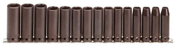 Proto - 15 Piece 1/2" Drive Black Finish Deep Well Impact Socket Set - 6 Points, 3/8" to 1-1/2" Range, Inch Measurement Standard - USA Tool & Supply