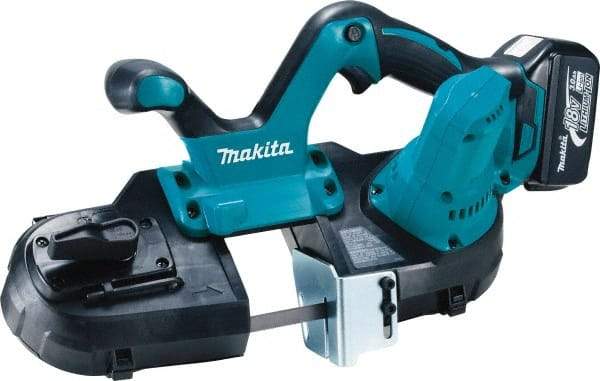 Makita - 18 Volt, 18-1/2" Blade, 630 SFPM Cordless Portable Bandsaw - 2-1/2" (Round) & 2-1/2 x 2-1/2" (Rectangle) Cutting Capacity, Lithium-Ion Battery Included - USA Tool & Supply