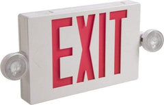 Cooper Lighting - 1 and 2 Face, 2 Head, 120-277 Volt, Thermoplastic, LED Combination Exit Sign - 2-5/16 Inch Wide x 8-1/4 Inch High x 16-9/16 Inch Long, Ceiling, End and Wall Mount, Sealed Nickel Cadmium Battery - USA Tool & Supply