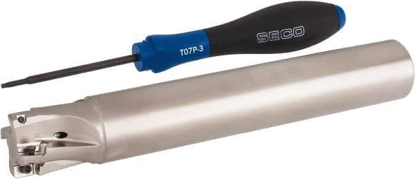 Seco - 1" Cut Diam, 0.354" Max Depth of Cut, 1" Shank Diam, 6.693" OAL, Indexable Square Shoulder End Mill - XO.X 10T3.. Inserts, Cylindrical Shank, 90° Lead Angle, Through Coolant, Series Turbo 10 - USA Tool & Supply