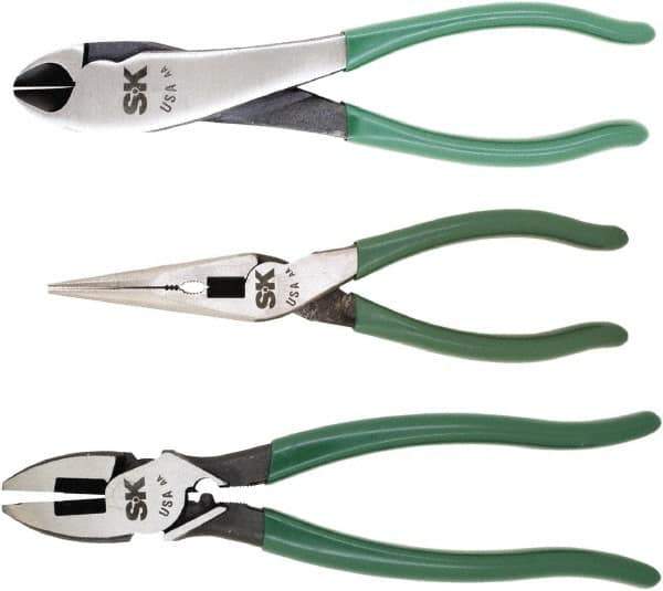 SK - 3 Piece Long Nose, Diagonal & Lineman's Plier Set - Comes in Plastic Pouch - USA Tool & Supply