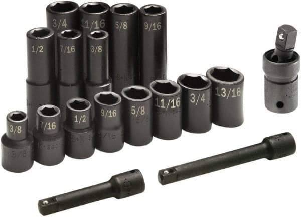 SK - 17 Piece 1/2" Drive Standard Deep Impact Socket Set - 6 Points, 3/8 to 3/4", Inch Measurement Standard - USA Tool & Supply