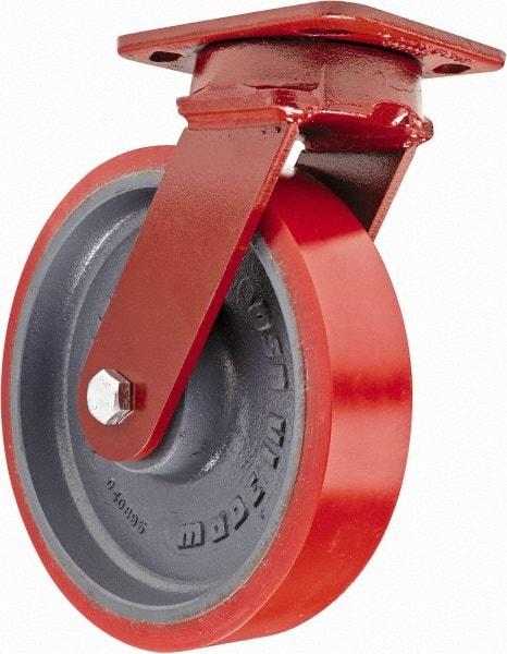 Hamilton - 8" Diam x 2" Wide x 9-1/2" OAH Top Plate Mount Swivel Caster with Brake - Polyurethane, 1,800 Lb Capacity, Sealed Precision Ball Bearing, 4 x 5" Plate - USA Tool & Supply