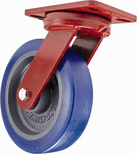 Hamilton - 8" Diam x 2" Wide x 9-3/4" OAH Top Plate Mount Swivel Caster - Polyurethane, 1,200 Lb Capacity, Sealed Precision Ball Bearing, 4-1/2 x 6-1/2" Plate - USA Tool & Supply