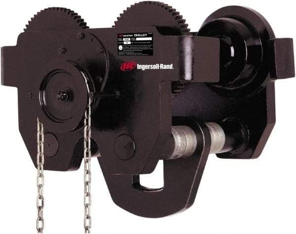 Ingersoll-Rand - 5 Ton Capacity Geared Ball Bearing Trolley - 4.6" to 8" Flange Width, 4-1/2" Wheel Diam, 6" to 24" I-Beam, 60" Min Radius - USA Tool & Supply