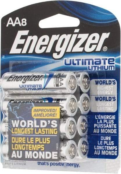 Energizer - Size AA, Lithium, 8 Pack, Photo Battery - 1.5 Volts, Button Tab Terminal, FR6, ANSI, IEC Regulated - USA Tool & Supply