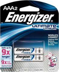 Energizer - Size AAA, Lithium, 2 Pack, Photo Battery - 1.5 Volts, Flat Terminal, FR03, ANSI, IEC Regulated - USA Tool & Supply