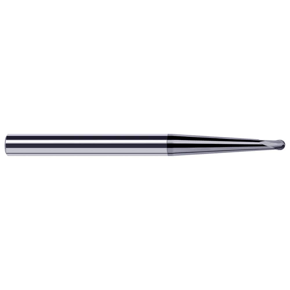 Ball End Mill: 0.031″ Dia, 0.025″ LOC, 2 Flute, Solid Carbide 2-1/2″ OAL, 3/16″ Shank Dia, 35 ° Helix, AlTiN Coated, Single End
