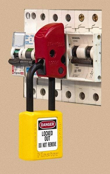 Master Lock - 0.697 Wide, PBT + PC Thermoplastic Universal Miniature Circuit Breaker - 2.073" Lockout Length, 1.181" Lockout Thickness, 0.697" Lockout Width, 1 Padlock, 1 Circuit - USA Tool & Supply