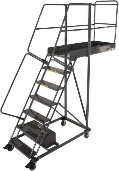 Ballymore - 112" 7 Step Configurable Cantilever Ladder - Rolling Work Platform, 300 Lb Capacity, 70" Platform Height, 32" Base Width x 52" Base Depth, Perforated Tread - USA Tool & Supply