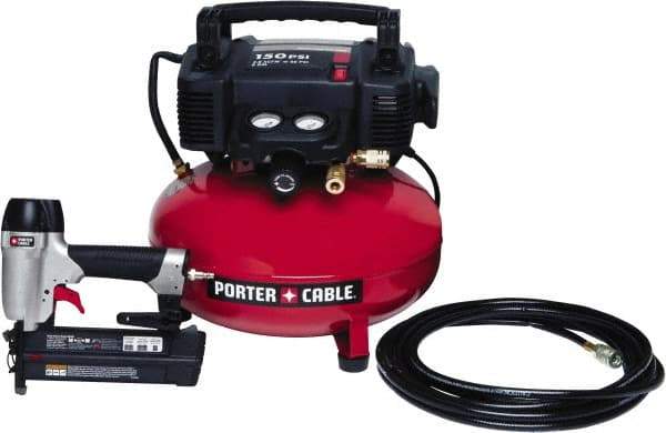 Porter-Cable - 0.80 HP, 2.6 SCFM at 90 psi CFM Pancake Nailer Combo Kit - 6 Gallon Tank, 10 Amp, 150 Max psi, 120V - USA Tool & Supply