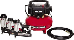 Porter-Cable - 0.80 HP, 2.6 SCFM at 90 psi CFM Pancake Finish/Brad Nailer, Stapler - 6 Gallon Tank, 10 Amp, 150 Max psi, 120V - USA Tool & Supply