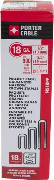 Porter-Cable - 1/2", 3/4, and 1" Long x 1/4" Wide, 18 Gauge Narrow Crown Construction Staple Multi Pack - Steel, Galvanized Finish. 300/size - USA Tool & Supply