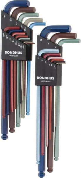 Bondhus - 22 Piece L-Key Ball End Hex Key Set - Hex Range 0.05 to 3/8", 8.4" OAL - USA Tool & Supply