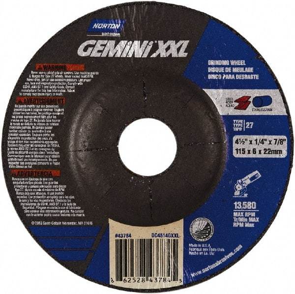 Norton - 24 Grit, 4-1/2" Wheel Diam, 1/4" Wheel Thickness, Type 27 Depressed Center Wheel - Aluminum Oxide, 12,225 Max RPM - USA Tool & Supply