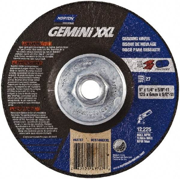 Norton - 24 Grit, 5" Wheel Diam, 1/4" Wheel Thickness, Type 27 Depressed Center Wheel - Aluminum Oxide, 8,600 Max RPM - USA Tool & Supply