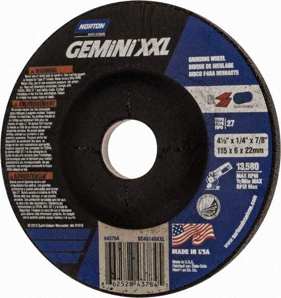 Norton - 24 Grit, 4-1/2" Wheel Diam, 1/4" Wheel Thickness, 7/8" Arbor Hole, Type 27 Depressed Center Wheel - Aluminum Oxide, 13,580 Max RPM - USA Tool & Supply