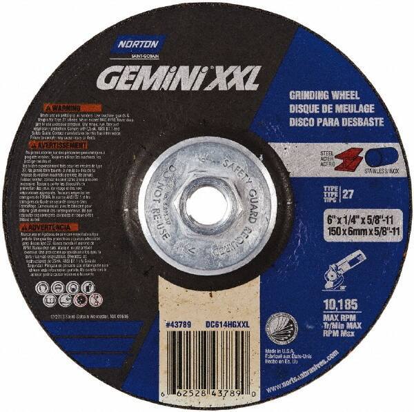 Norton - 24 Grit, 6" Wheel Diam, 1/4" Wheel Thickness, Type 27 Depressed Center Wheel - Aluminum Oxide, 13,580 Max RPM - USA Tool & Supply