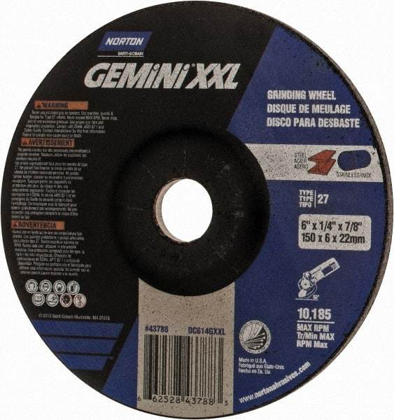 Norton - 24 Grit, 6" Wheel Diam, 1/4" Wheel Thickness, 7/8" Arbor Hole, Type 27 Depressed Center Wheel - Zirconia Alumina, 6,600 Max RPM - USA Tool & Supply