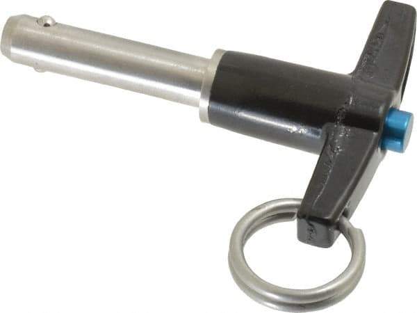 Jergens - 5/16" Diam, 1" Usable Length, T Handle, Push Button Quick Release Pin - 2-5/8" Overall Length, Grade 17-4 Stainless Steel, Passivated Finish - USA Tool & Supply