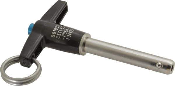 Jergens - 5/16" Diam, 1-1/2" Usable Length, T Handle, Push Button Quick Release Pin - 3-1/8" Overall Length, Grade 17-4 Stainless Steel, Passivated Finish - USA Tool & Supply