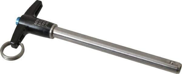 Jergens - 3/8" Diam, 4" Usable Length, T Handle, Push Button Quick Release Pin - 5-7/8" Overall Length, Grade 17-4 Stainless Steel, Passivated Finish - USA Tool & Supply