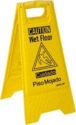 NMC - Caution - Wet Floor, 10-3/4" Wide x 24-5/8" High, Plastic Floor Sign - English/Spanish, A-Frame, Black on Yellow, For Restroom, Janitorial & Housekeeping - USA Tool & Supply