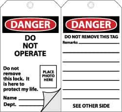 NMC - 3" High x 6" Long, DANGER - DO NOT OPERATE, English Safety & Facility Accident Prevention Tag - Tag Header: Danger, 2 Sides, Black, Red & White Self-Laminated Unrippable Vinyl - USA Tool & Supply