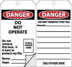 NMC - 3" High x 6" Long, DANGER - DO NOT OPERATE, English Safety & Facility Accident Prevention Tag - Tag Header: Danger, 2 Sides, Black, Red & White Self-Laminated Unrippable Vinyl - USA Tool & Supply