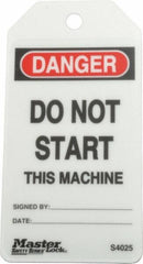 Master Lock - 3" High x 5-3/4" Long, DANGER - DO NOT START THIS MACHINE, English Safety & Facility Lockout Tag - Tag Header: Danger, 2 Sides, Black, Red & White Industrial-Grade Polypropylene - USA Tool & Supply