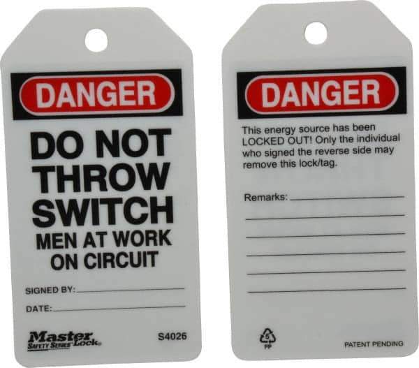 Master Lock - 3" High x 5-3/4" Long, DANGER - DO NOT THROW SWITCH - MEN AT WORK ON CIRCUIT, English Safety & Facility Lockout Tag - Tag Header: Danger, 2 Sides, Black, Red & White Industrial-Grade Polypropylene - USA Tool & Supply