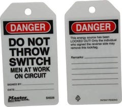 Master Lock - 3" High x 5-3/4" Long, DANGER - DO NOT THROW SWITCH - MEN AT WORK ON CIRCUIT, English Safety & Facility Lockout Tag - Tag Header: Danger, 2 Sides, Black, Red & White Industrial-Grade Polypropylene - USA Tool & Supply