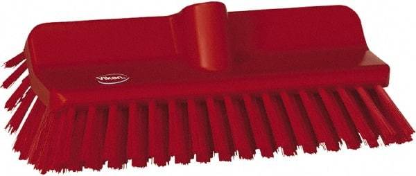 Vikan - 1-1/2" Bristle Length, Polyester Cleaning & Finishing Brush - 9-5/8" Long x 5" Wide Head, 10" OAL, European Threaded Handle, Red, Polypropylene Block - USA Tool & Supply