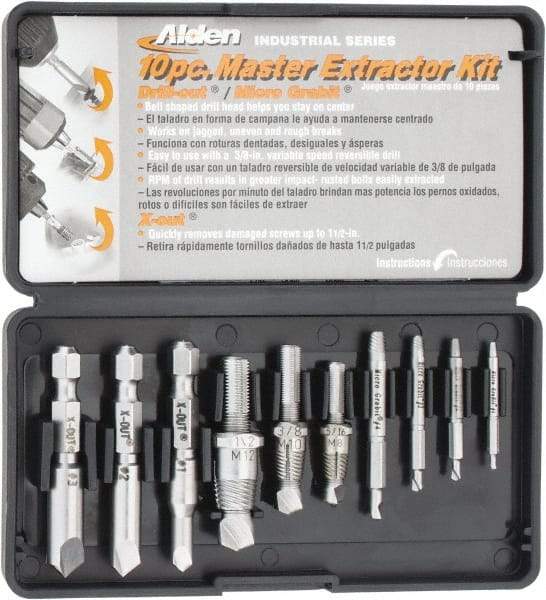 Alden - 10 Piece Screw Extractor/Drill Set - #4 to 1/2 Size Range - USA Tool & Supply