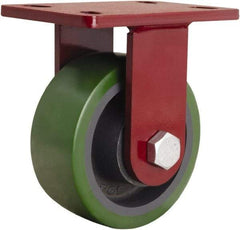 Hamilton - 6" Diam x 2-1/2" Wide x 7-1/2" OAH Top Plate Mount Rigid Caster - Polyurethane Mold onto Cast Iron Center, 1,600 Lb Capacity, Tapered Roller Bearing, 5 x 7" Plate - USA Tool & Supply