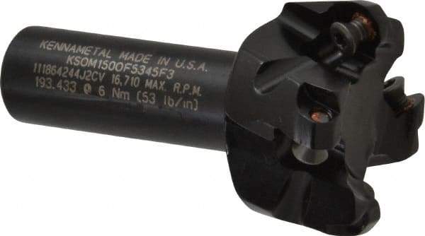 Kennametal - 47° Lead Angle, 1.8560" Max Cut Diam, 1-1/2" Min Cut Diam, 0.138" Max Depth of Cut, Indexable Chamfer & Angle End Mill - 4 Inserts, OF.T 53AF.N.. Insert Style, 77.4mm OAL, Straight Shank - USA Tool & Supply