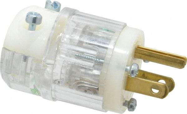 Leviton - 125 VAC, 15 Amp, 5-15P NEMA, Straight, Self Grounding, Hospital Grade Plug - 2 Pole, 3 Wire, 1 Phase, Nylon, Clear - USA Tool & Supply