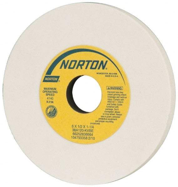 Norton - 6" Diam x 1-1/4" Hole x 1/2" Thick, K Hardness, 120 Grit Surface Grinding Wheel - Aluminum Oxide, Type 1, Fine Grade, 4,140 Max RPM, Vitrified Bond, No Recess - USA Tool & Supply