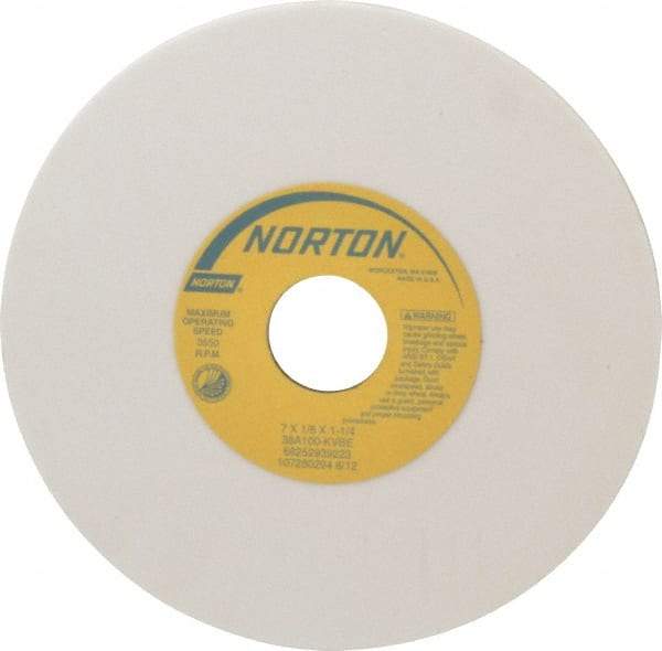Norton - 7" Diam x 1-1/4" Hole x 1/8" Thick, K Hardness, 100 Grit Surface Grinding Wheel - Aluminum Oxide, Type 1, Fine Grade, 3,550 Max RPM, Vitrified Bond, No Recess - USA Tool & Supply