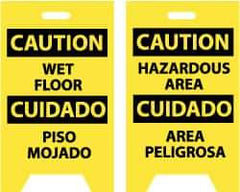 NMC - Caution - Wet Floor, Caution - Hazardous Area, 12" Wide x 20" High, Plastic Floor Sign - English/Spanish, A-Frame, Black on Yellow, For Restroom, Janitorial & Housekeeping - USA Tool & Supply