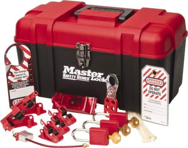 Master Lock - 13 Piece Electrical Lockout Kit - 1-1/2 Inch Vertical Shackle Clearance, 1/4 Inch Shackle Diameter, Keyed Alike Comes in Tool Box - USA Tool & Supply