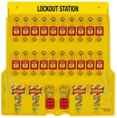 Master Lock - 28 Piece, Equipped Polycarbonate Padlock Station - 22 Inch Wide x 22 Inch High x 1-3/4 Inch Deep, Black on Yellow, Covered - USA Tool & Supply
