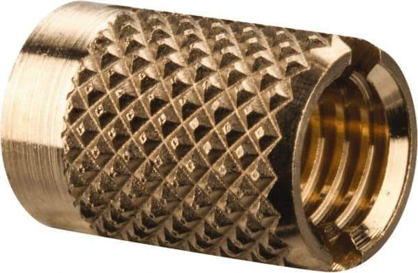 E-Z LOK - M5x0.80 Metric Coarse Brass Flush Press Fit Threaded Insert for Plastic - 3/8" OAL, 0.262" Insert Diam, 1/4" Hole Diam, 1/4" Drill - USA Tool & Supply