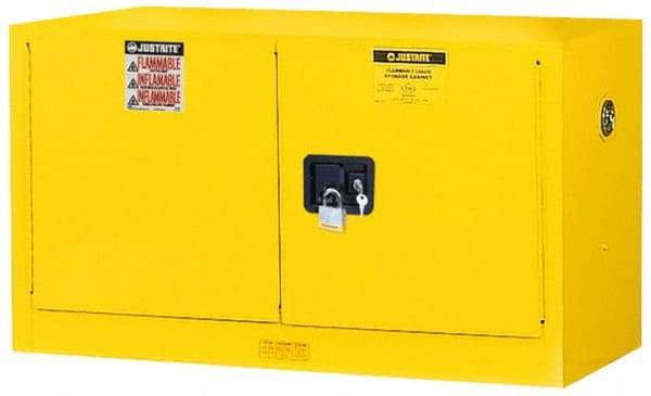 Justrite - 2 Door, 1 Shelf, Yellow Steel Stackable Safety Cabinet for Flammable and Combustible Liquids - 24" High x 43" Wide x 18" Deep, Self Closing Door, 17 Gal Capacity - USA Tool & Supply