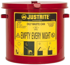 Justrite - 2 Gallon Capacity, Galvanized Steel Oily Waste Can - 9-5/8 Inch Wide/Diameter x 9-1/8 Inch High, Red, Hand Operated, Approved FM - USA Tool & Supply