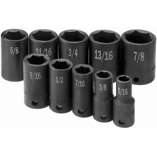 SK - 3/8" Drive Semi-Deep Impact Socket Set - 5/16 to 7/8", Inch Measurement Standard - USA Tool & Supply