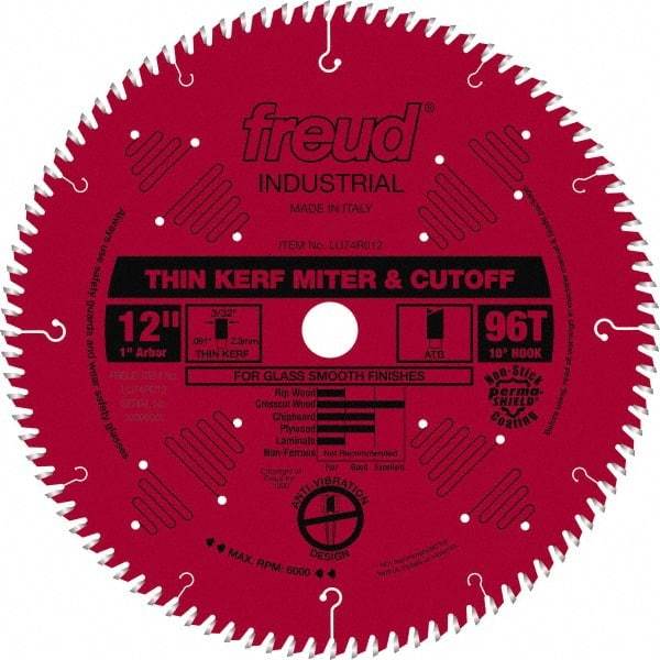 Freud - 12" Diam, 1" Arbor Hole Diam, 96 Tooth Wet & Dry Cut Saw Blade - Carbide-Tipped, Standard Round Arbor - USA Tool & Supply